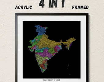 India - River basin map, rainbow colours - Wall Art