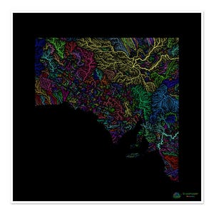 Australie-Méridionale - Carte du bassin hydrographique, arc-en-ciel sur noir - Impression artistique