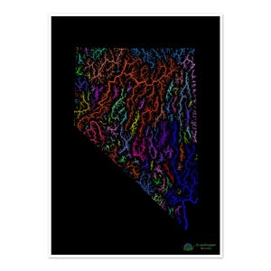 Nevada - Carte du bassin hydrographique, arc-en-ciel sur noir - Impression d'art