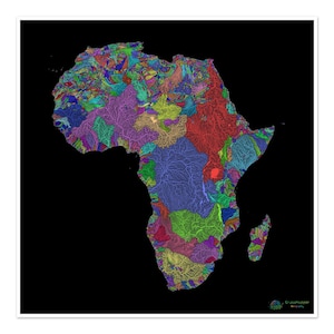 Afrique - Carte des bassins hydrographiques, arc-en-ciel sur noir - Impression artistique