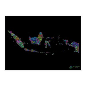 Indonesia - Mapa de la cuenca hidrográfica, arcoíris sobre fondo negro - Impresión de bellas artes