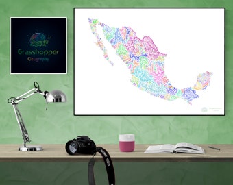 River basins of Mexico in rainbow colours (high resolution digital print) map print, wall art, poster map, home decor, wall decor, printable