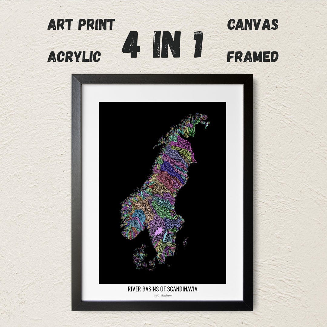 Scandinavian Rivers Map Scandinavia - River Basin Map, Pastel Colours - Wall Art - Etsy
