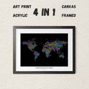 Le monde - Carte des bassins hydrographiques, couleurs arc-en-ciel - Art mural