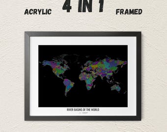 The World - River basin map, rainbow colours - Wall Art