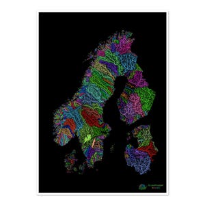 Skandinavien - Flusslandkarte, Regenbogen auf schwarz - Fine Art Print
