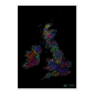 Les îles britanniques - Carte du bassin hydrographique, arc-en-ciel sur noir - Impression artistique