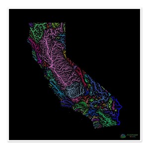 Californie - Carte du bassin hydrographique, arc-en-ciel sur noir - Impression artistique