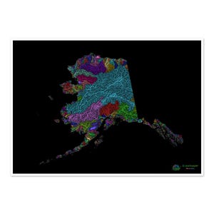 Alaska - Mapa de la cuenca fluvial, arcoíris sobre fondo negro - Impresión de bellas artes
