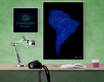 Rivers of the South America, blue-green (high resolution digital print) map print, wall art, poster map, home decor, wall decor, printable