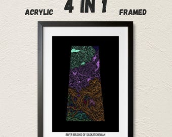Saskatchewan - River basin map, rainbow colours - Wall Art