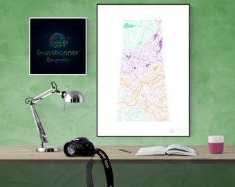 River basins of Saskatchewan in rainbow colours (high resolution digital print) map print, wall art, poster map, home decor, wall decor
