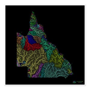 Queensland - Carte du bassin hydrographique, arc-en-ciel sur noir - Impression artistique