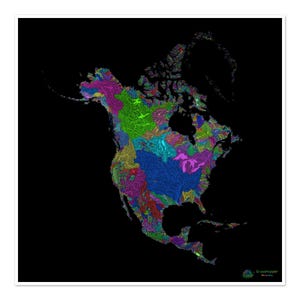 Nordamerika - Flusslandkarte, Regenbogen auf schwarz - Fine Art Print