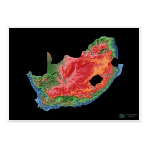 Sudáfrica - Mapa de elevación, negro - Impresión de bellas artes