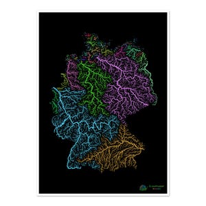 Allemagne - Carte du bassin hydrographique, arc-en-ciel sur noir - Impression artistique