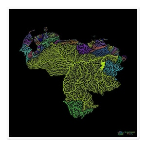 Venezuela - Mapa de cuencas hidrográficas, arcoíris sobre fondo negro - Impresión de Bellas Artes