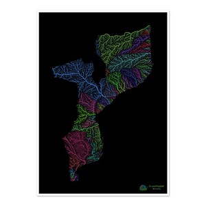 Mozambique - Carte du bassin hydrographique, arc-en-ciel sur noir - Impression artistique