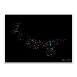 Prince Edward Island - Mappa del bacino fluviale, arcobaleno su nero - Stampa artistica
