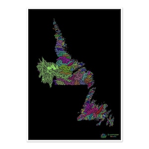 Terranova y Labrador - Mapa de la cuenca fluvial, arcoíris sobre fondo negro - Impresión de bellas artes