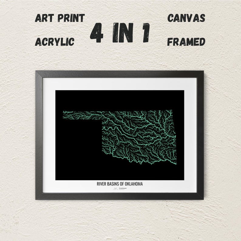 Oklahoma - River Basin Map, Pastel Colours - Wall Art - Etsy