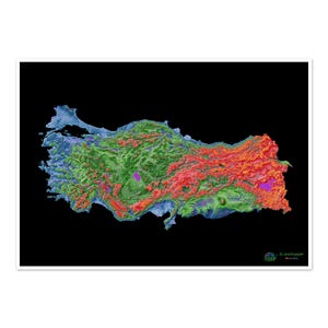 Turquía - Mapa de elevación, negro - Impresión de bellas artes