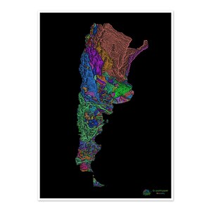 Argentina - Mapa de cuencas hidrográficas, arcoíris sobre fondo negro - Impresión de bellas artes