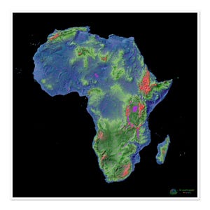 África - Mapa de elevación, negro - Impresión de bellas artes