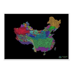 Chine et Taïwan - Carte des bassins hydrographiques, arc-en-ciel sur noir - Impression artistique