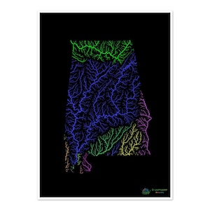 Alabama - Carte du bassin hydrographique, arc-en-ciel sur noir - Impression artistique