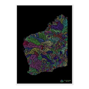 Australie-Occidentale - Carte du bassin hydrographique, arc-en-ciel sur noir - Impression artistique