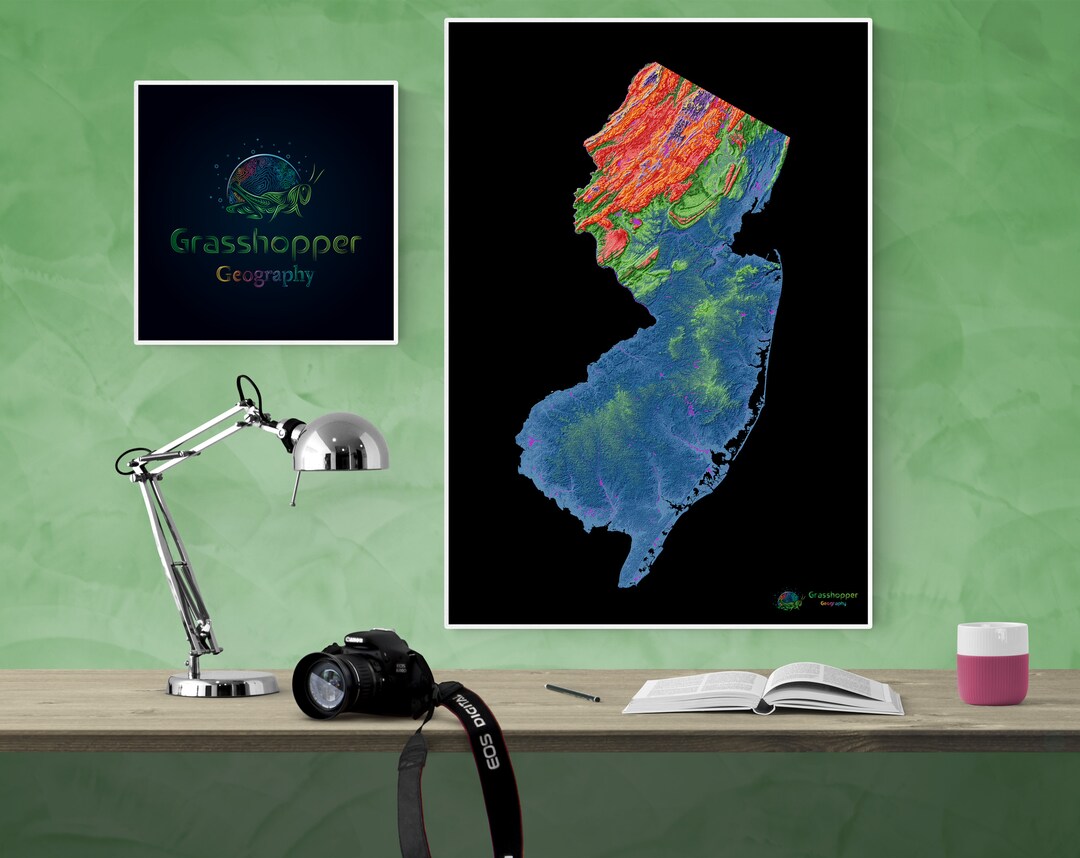Elevation Map of New Jersey high Resolution Digital Print, Map Print