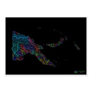 Papúa Nueva Guinea - Mapa de la cuenca fluvial, arcoíris sobre fondo negro - Impresión de bellas artes