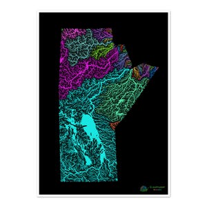 Manitoba - Carte du bassin hydrographique, arc-en-ciel sur noir - Impression d'art