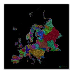 Europe - Carte des bassins hydrographiques, arc-en-ciel sur noir - Impression artistique