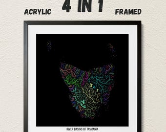 Tasmania - River basin map, rainbow colours - Wall Art