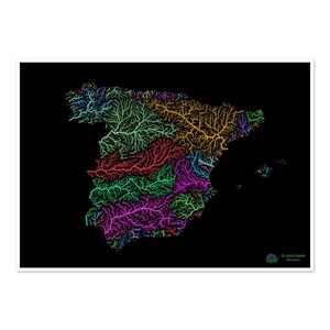 Spanien - Flusslandkarte, Regenbogen auf schwarz - Fine Art Print