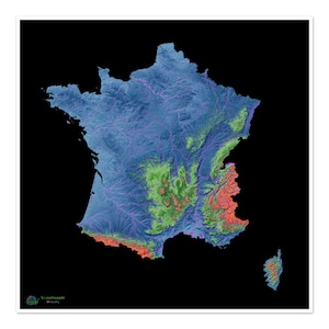 France - Carte des reliefs, noir - Impression d'art