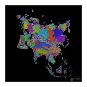Eurasia - Mapa de cuencas fluviales, arcoíris sobre fondo negro - Impresión de bellas artes