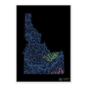 Idaho - Mapa de la cuenca fluvial, arcoíris sobre fondo negro - Impresión de bellas artes