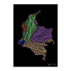 Colombia - Mapa de cuencas hidrográficas, arcoíris sobre fondo negro - Impresión de bellas artes