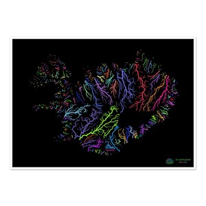 Islande - Carte du bassin hydrographique, arc-en-ciel sur noir - Impression artistique