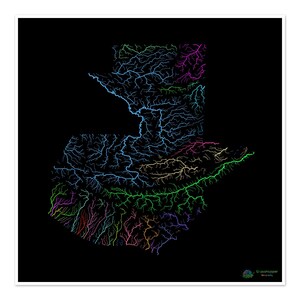 Guatemala - Mapa da bacia hidrográfica, arco-íris em preto - Impressão de belas artes