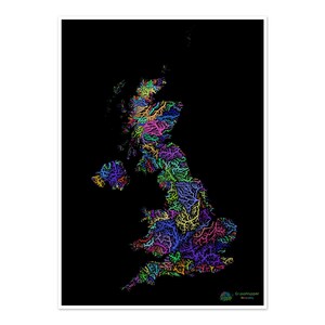 Großbritannien - Landkarte Flussgebiet, Regenbogen auf schwarz - Fine Art Print