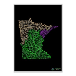 Minnesota - Mapa de la cuenca fluvial, arcoíris sobre fondo negro - Impresión de bellas artes