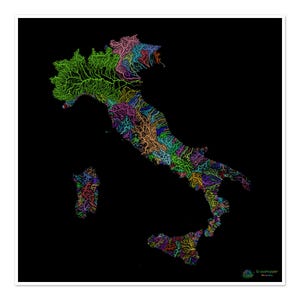 Italie - Carte du bassin hydrographique, arc-en-ciel sur noir - Impression artistique