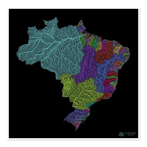 Brasilien - Flusslandkarte, Regenbogen auf schwarz - Fine Art Print