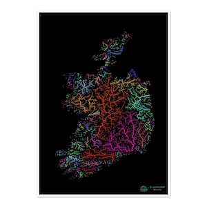 Irland - Flusslandkarte, Regenbogen auf schwarz - Fine Art Print