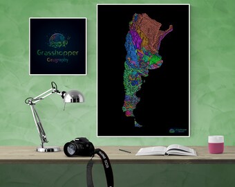 River basins of Argentina in rainbow colours (high resolution digital print) map print, wall art, poster map, home decor, wall decor, gift