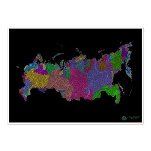 Russie - Carte du bassin hydrographique, arc-en-ciel sur noir - Impression artistique